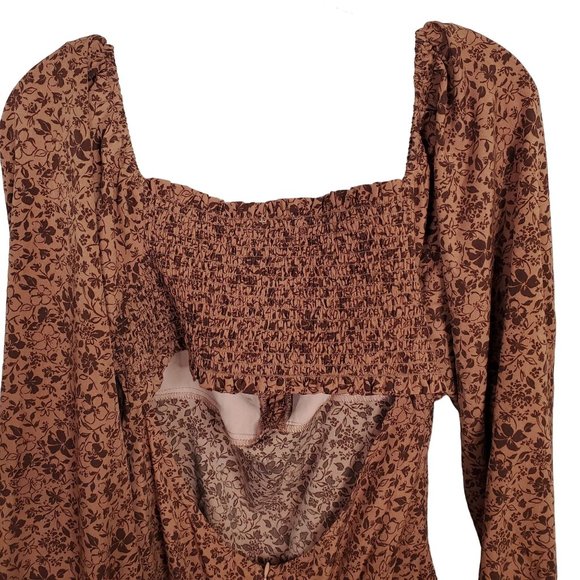 Lush NWT Size L Dress Mini Smocked Cutout Back Puff Sleeve Woodland Floral Rust - Picture 6 of 11
